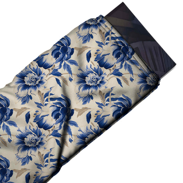 Beige & Navy Blue Large Navy & White Peony Printed Pure Natural Crepe Fabric