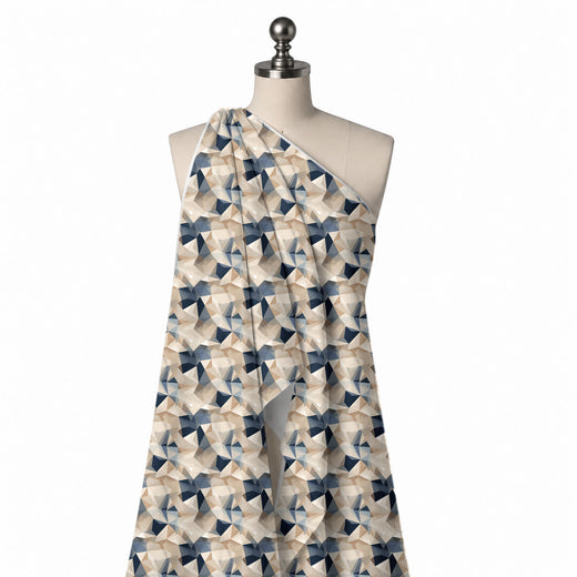 Beige & Navy Blue Low-Poly Printed Crepe Fabric