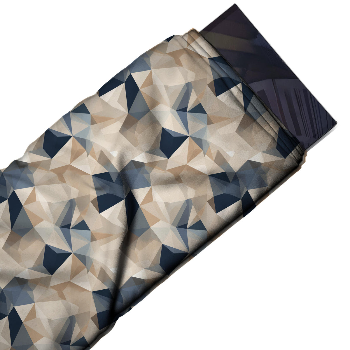 Flat fabric swatch: all-over low-poly geometric dominated by beige, cream and taupe facets, design 3514, Clothwala