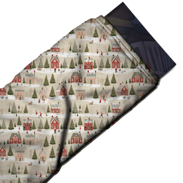 Beige & Red Village Rows & Firs Printed Printed American Crepe Fabric Fabric