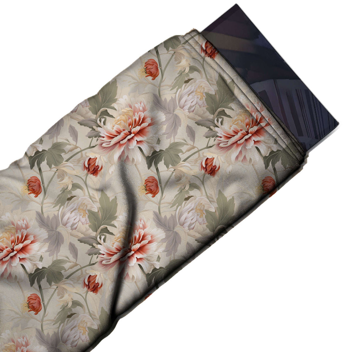 Flat fabric swatch: all-over floral of large blush pink and rust red chrysanthemums and rust red, design 3584, Clothwala