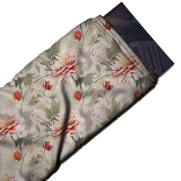 Beige & Rust Red Chrysanthemum Vine Printed Armani Satin Fabric
