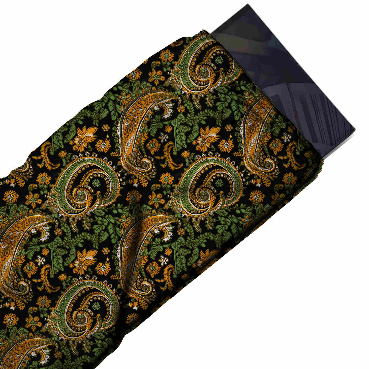 Flat fabric swatch: large-scale all-over paisley with tightly coiled green paisleys edged in amber, design 3674, Clothwala