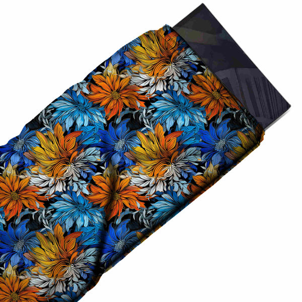 Black & Bright Blue Packed Blue Orange Dahlia Printed Pure Natural Crepe Fabric