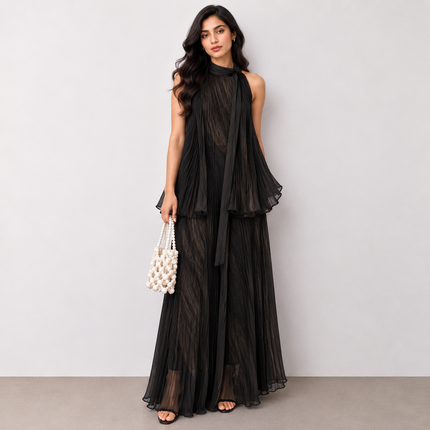Black & Bronze Solid Poly Chiffon Fabric — design 1583ACA-DTNS/DS-348, Clothwala