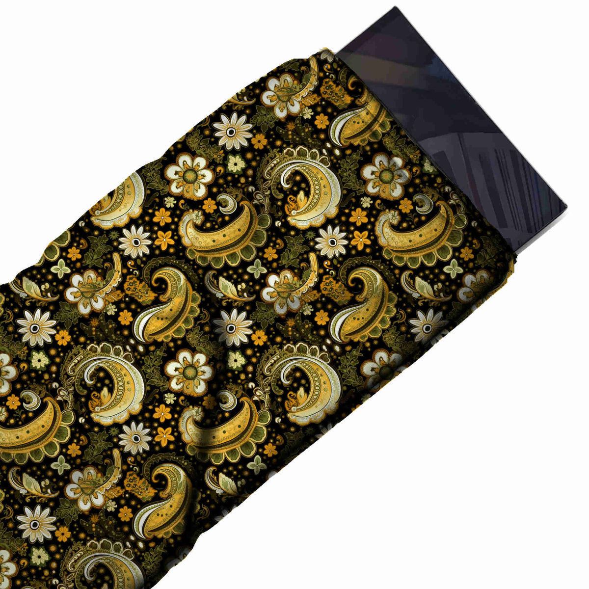 Flat fabric swatch: tossed all-over paisley of medium-scale curled yellow and cream paisleys, design 3680, Clothwala