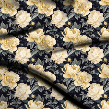Black & Butter Yellow Peony & Buds Printed Moss Crepe Fabric