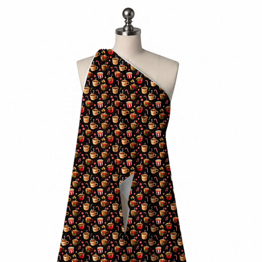 Black & Caramel Tan Steaming Mugs & Peppermints Printed Printed American Crepe Fabric Fabric
