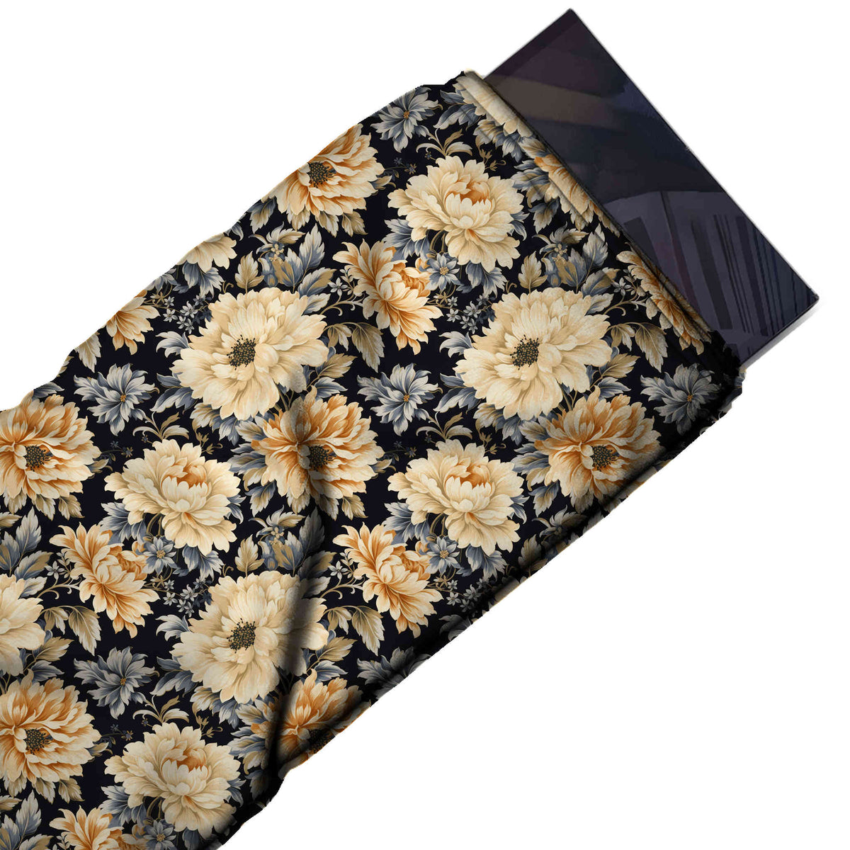 Black & Cream & Apricot Peonies Printed Moss Crepe Fabric - flat fabric swatch, design Design No_3761, Clothwala