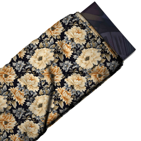 Black & Cream & Apricot Peonies Printed Moss Crepe Fabric