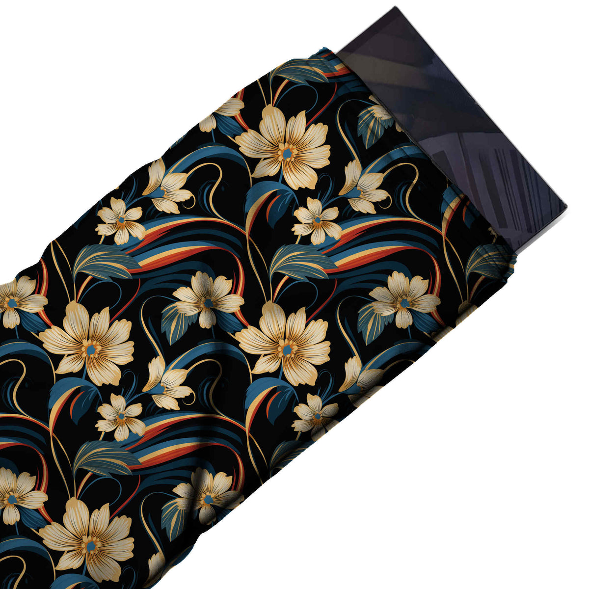 Flat fabric swatch: all-over medium-scale floral of cream open-petalled flowers with blue, design Design No_4292, Clothwala