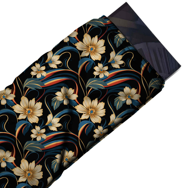 Black & Cream Bloom & Ribbon Swirl Printed Pure Natural Crepe Fabric