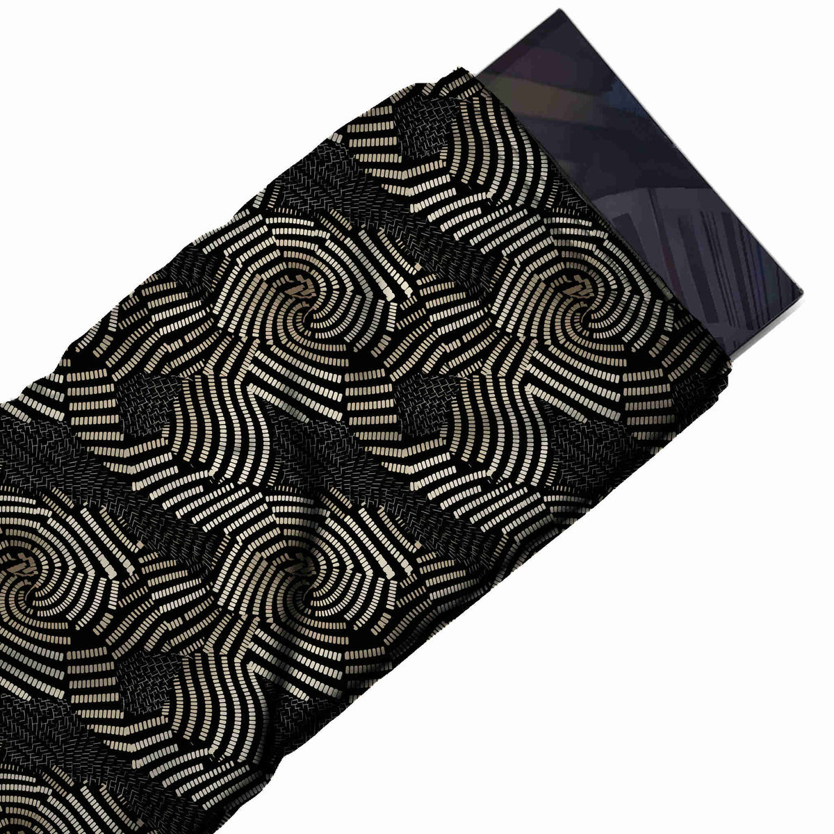 Flat fabric swatch: all-over large-scale swirls and diagonal bands built from rows of short cream, design 3703, Clothwala