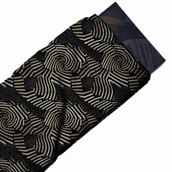 Black & Cream Dashed Line Swirls Printed Moss Crepe Fabric