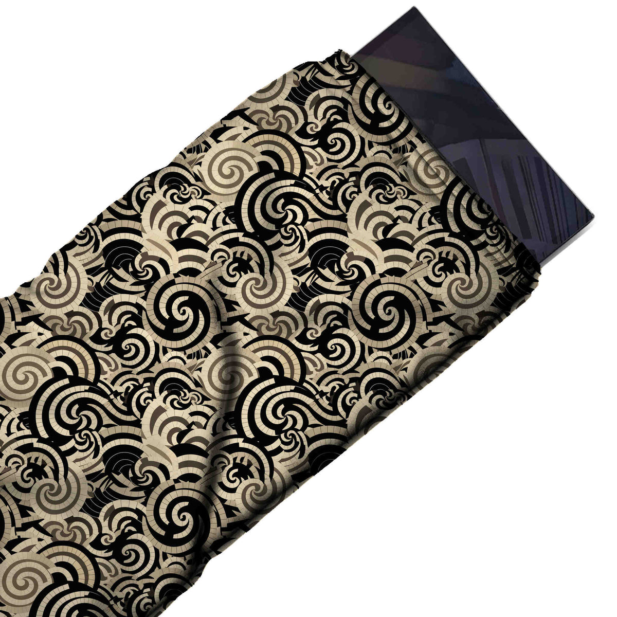 Flat fabric swatch: all-over dense layering of medium-scale banded swirls and curling wave shapes, design 3710, Clothwala