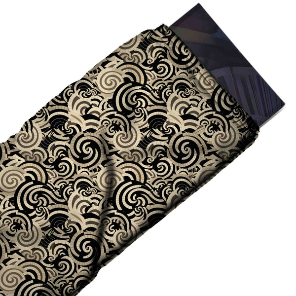 Black & Cream Mosaic Swirl Waves Printed Moss Crepe Fabric