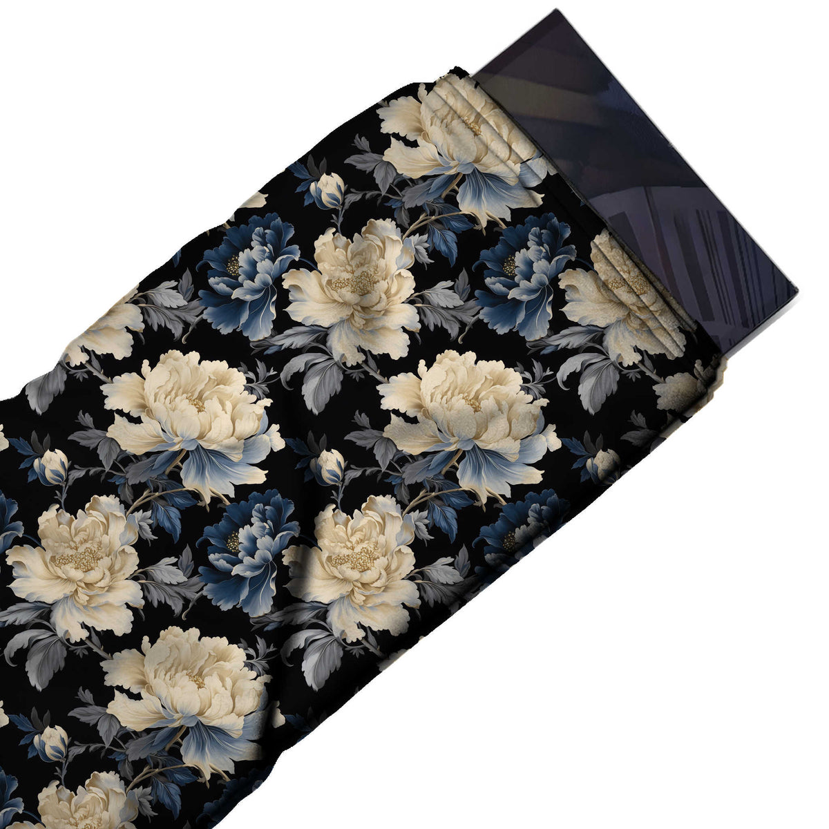 Black & Cream & Navy Peonies Printed Moss Crepe Fabric - flat fabric swatch, design Design No_3760, Clothwala