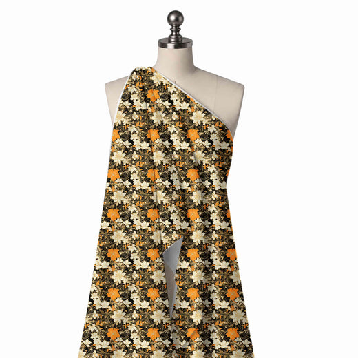 Black & Cream Orange Filigree Blooms Printed French Crepe Fabric