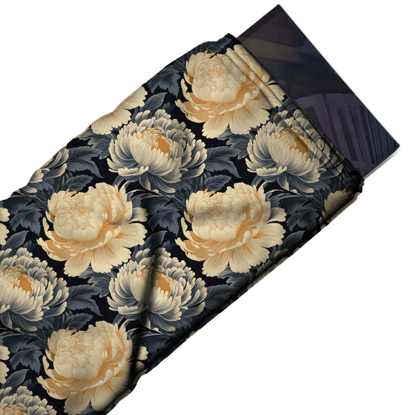 Black & Cream Peach Large Peony & Grey Chrysanthemum Printed Moss Crepe Fabric