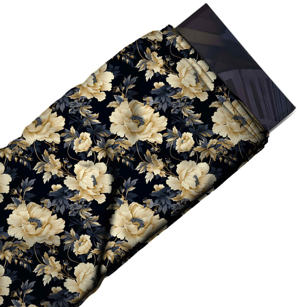 Black & Cream Peony Night Garden Printed Moss Crepe Fabric