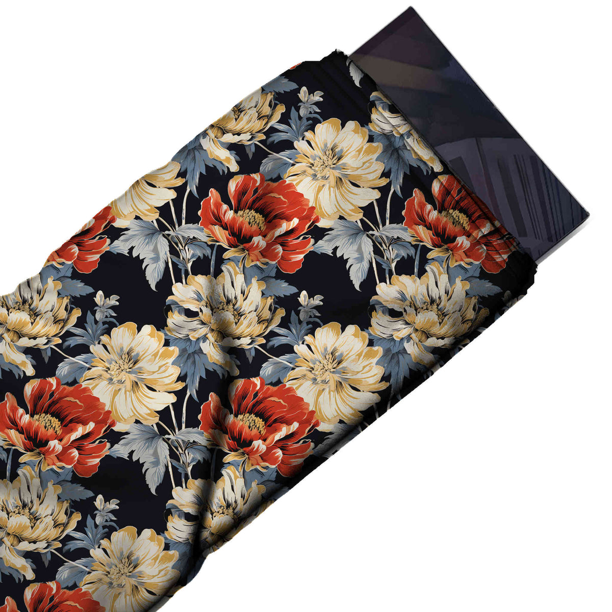 Flat fabric swatch: all-over large-scale floral of shaded cream and pale yellow peony-type, design Design No_4303, Clothwala