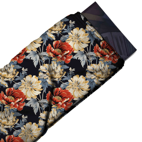 Black & Cream & Red Peony Printed Pure Natural Crepe Fabric