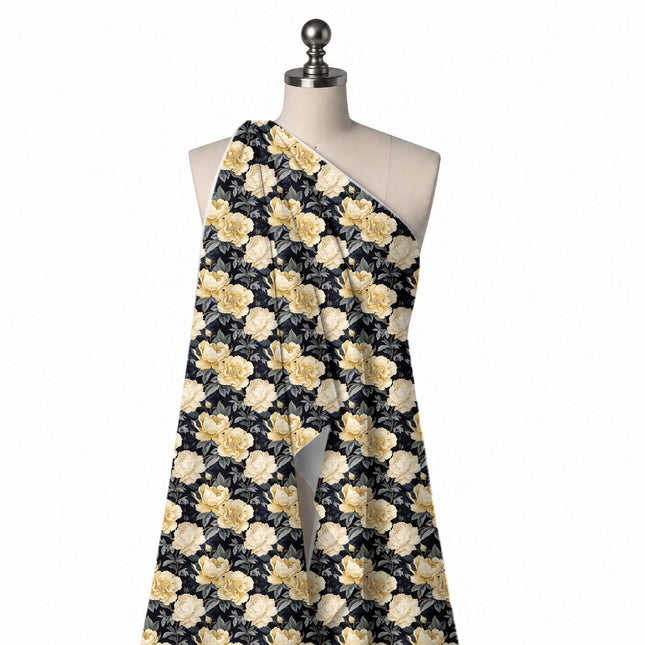 Black & Cream Yellow Cream Peony Clusters Printed Chiffon Fabric — close-up of the print, design Design No_3490, Clothwala