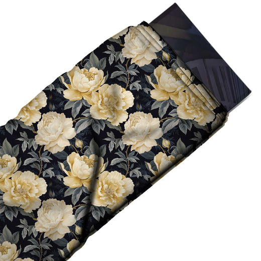 Flat fabric swatch: all-over floral with paired cream yellow and ivory peonies, design 3490, Clothwala