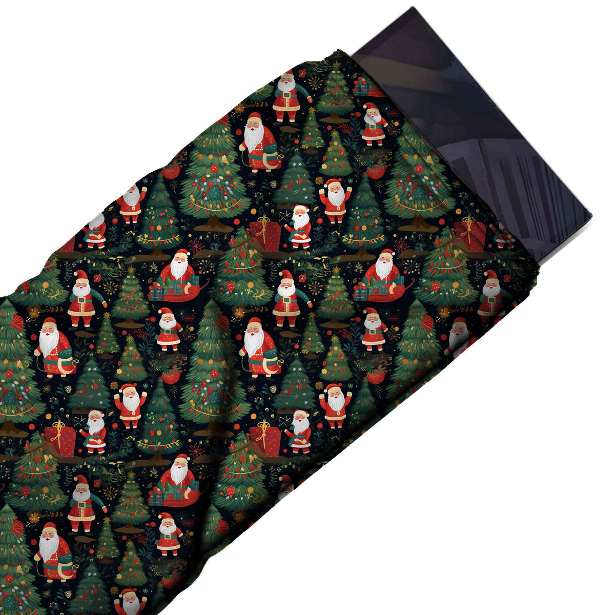 Flat fabric swatch: dense all-over one-way print of dark green Christmas trees draped with, design Design No_4814, Clothwala