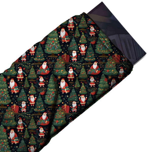 Black & Dark Green Santa & Garland Trees Printed Printed American Crepe Fabric Fabric