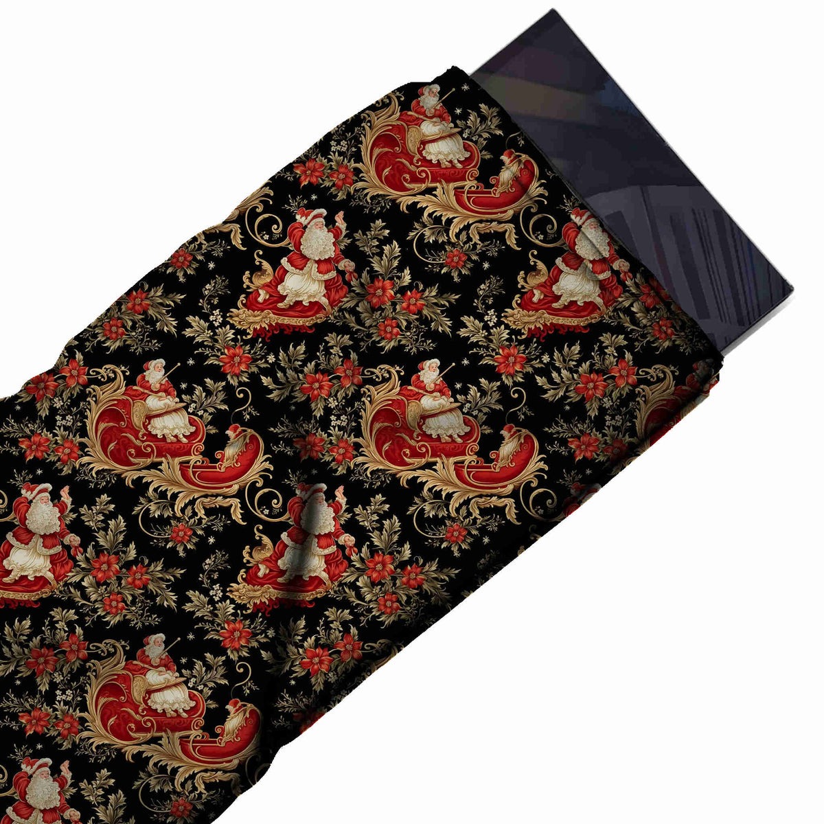 Flat fabric swatch: one-way all-over layout of Santa seated in a scrolled deep red and, design Design No_4758, Clothwala