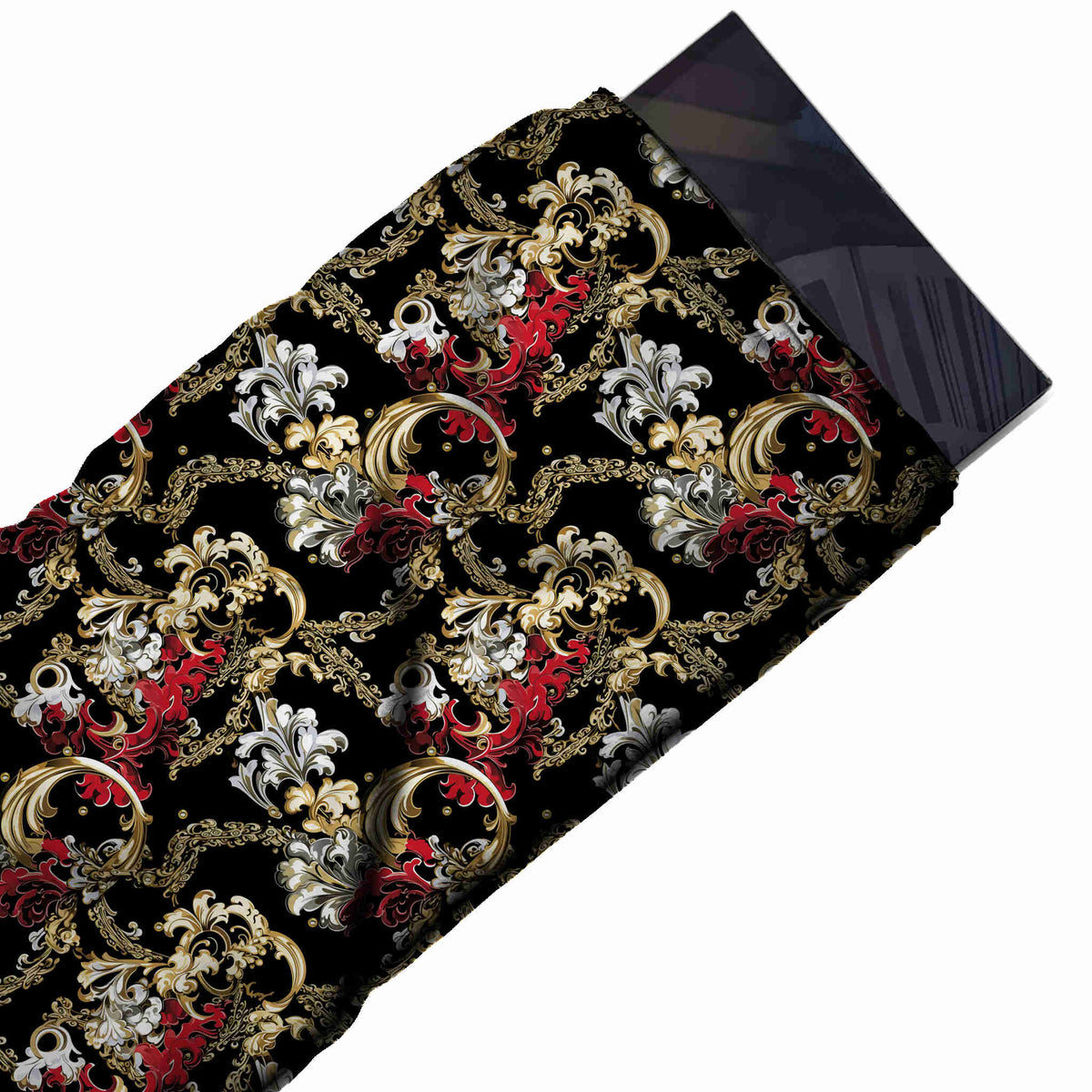 Black & Gold Baroque Acanthus Scrolls Printed Moss Crepe Fabric - flat fabric swatch, design Design No_3759, Clothwala