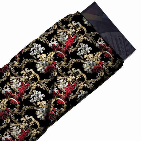 Black & Gold Baroque Acanthus Scrolls Printed Moss Crepe Fabric