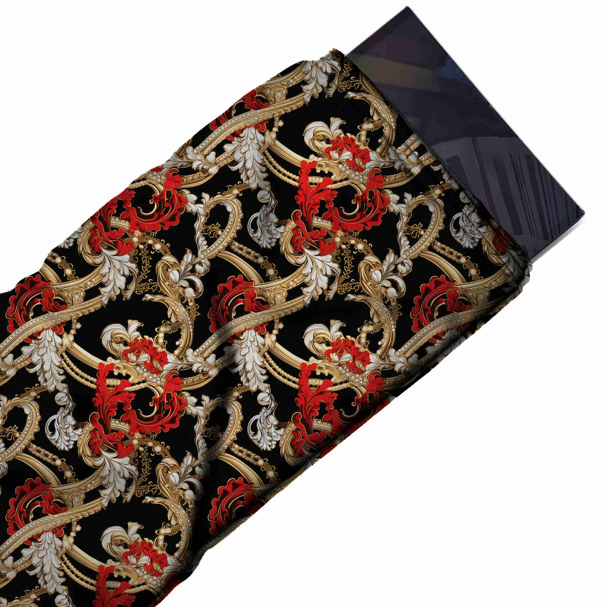 Black & Gold Baroque Scrolls & Pearls Printed Moss Crepe Fabric - flat fabric swatch, design Design No_3757, Clothwala