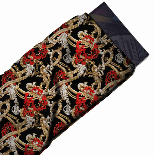 Black & Gold Baroque Scrolls & Pearls Printed Moss Crepe Fabric