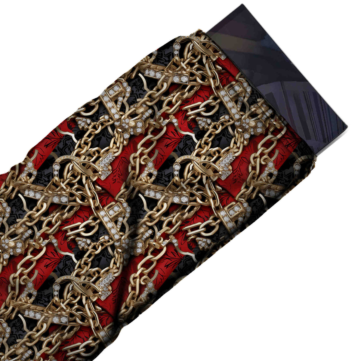 Black & Gold Jewelled Chains & Padlocks Printed Moss Crepe Fabric - flat fabric swatch, design Design No_3758, Clothwala