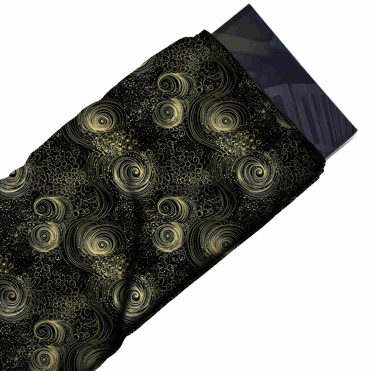 Flat fabric swatch: all-over medium-scale whorls drawn in many fine gold lines with a glowing shaded, design 3708, Clothwala