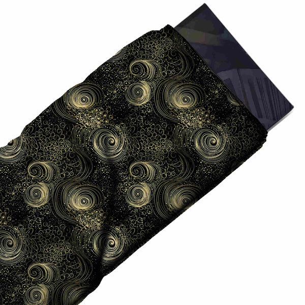 Black & Gold Line Whorls Printed Moss Crepe Fabric