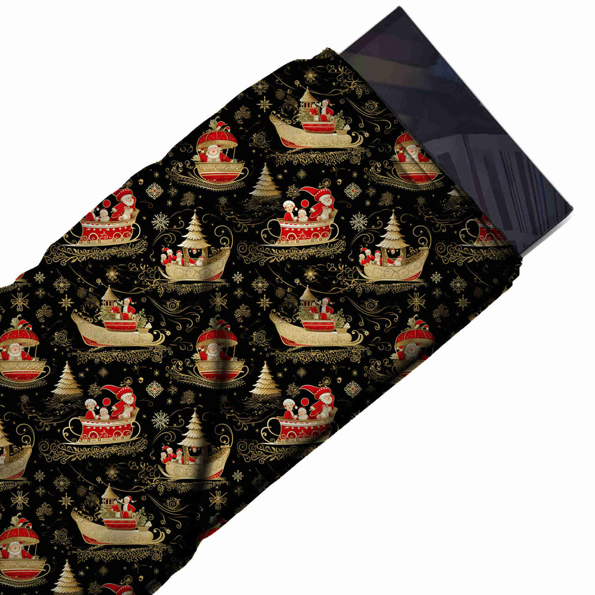 Flat fabric swatch: one-way all-over layout of ornate red and gold sleighs carrying Santa, design Design No_4750, Clothwala