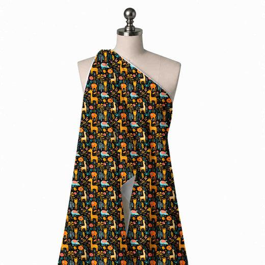 Black & Golden Orange Giraffe & Turquoise Rhino Printed Moss Crepe Fabric