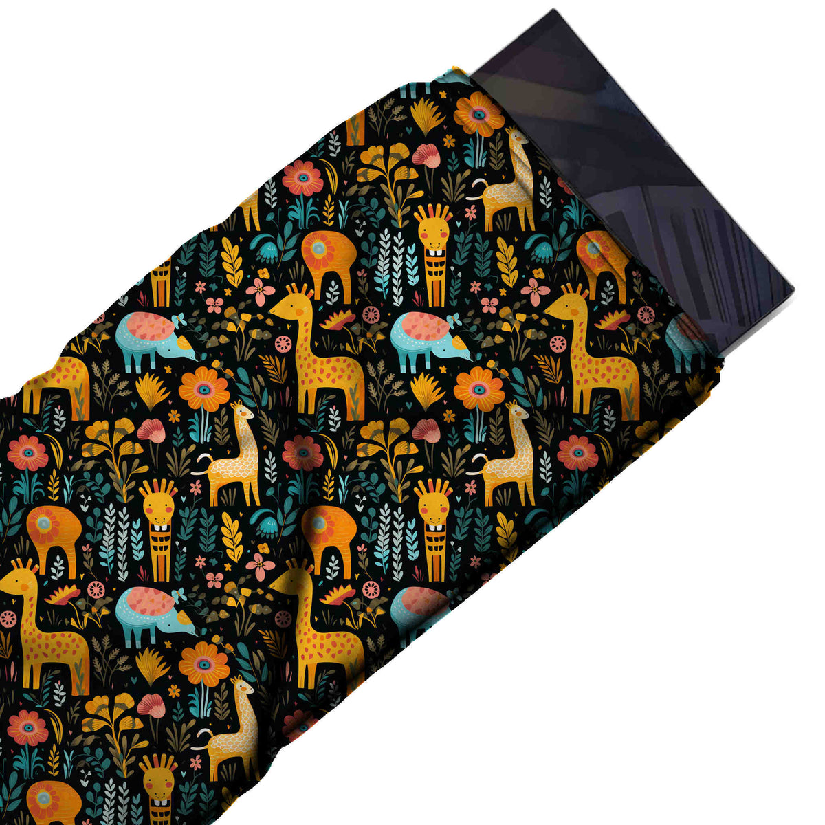 Black & Golden Orange Giraffe & Turquoise Rhino Printed Moss Crepe Fabric - flat fabric swatch, design Design No_3860, Clothwala