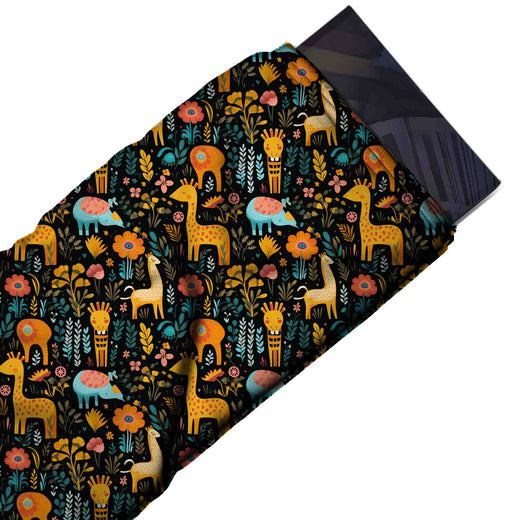 Black & Golden Orange Giraffe & Turquoise Rhino Printed Moss Crepe Fabric - flat fabric swatch, design Design No_3860, Clothwala