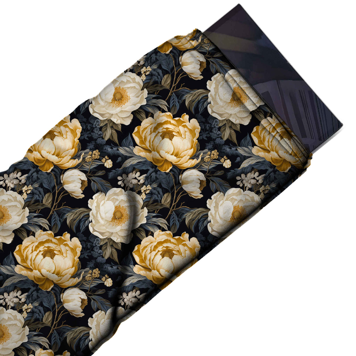 Black & Golden Yellow Gold & White Peonies Printed Moss Crepe Fabric - flat fabric swatch, design Design No_3781, Clothwala