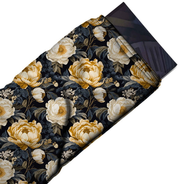 Black & Golden Yellow Gold & White Peonies Printed Moss Crepe Fabric