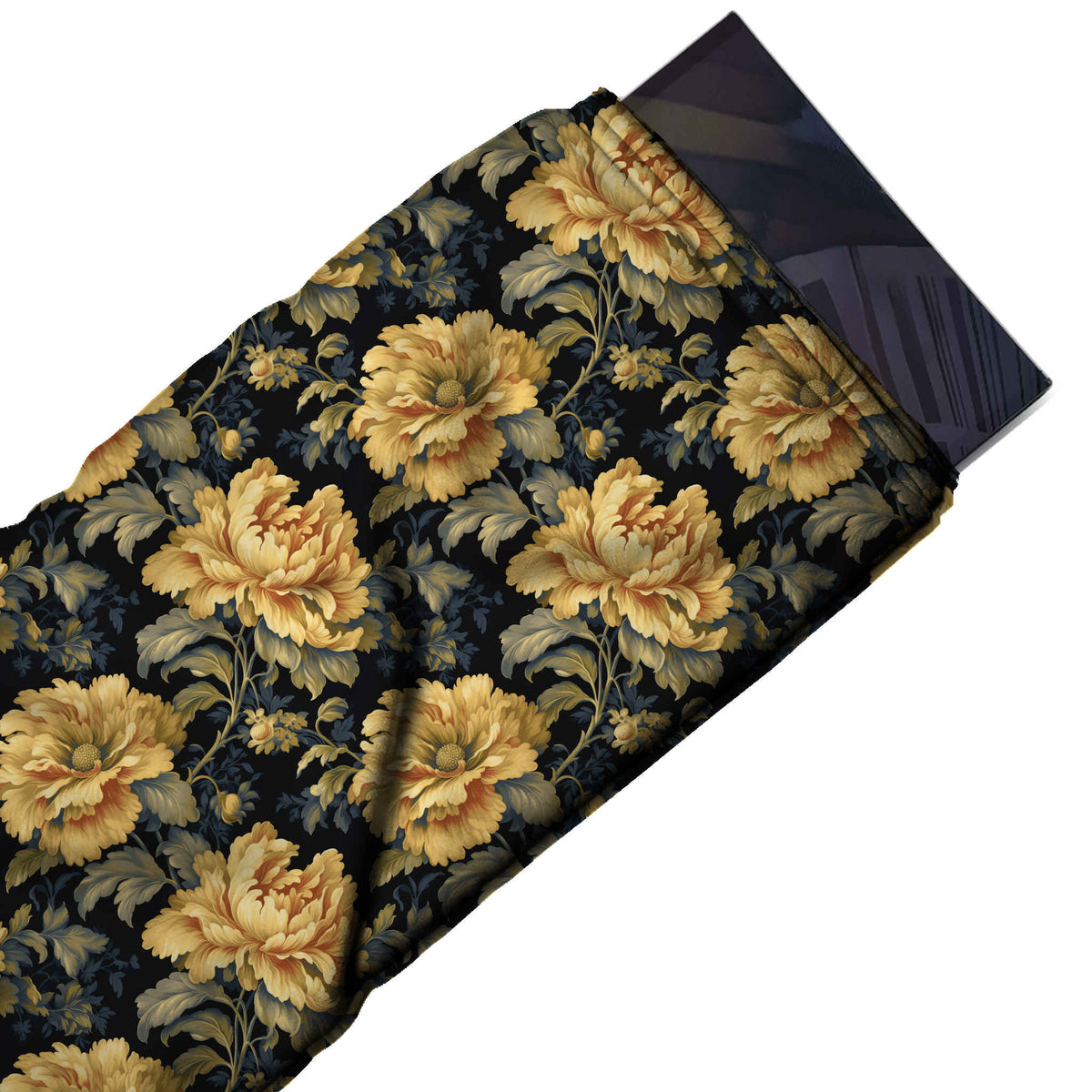 Black & Golden Yellow Peony Stems Printed Moss Crepe Fabric - flat fabric swatch, design Design No_3770, Clothwala