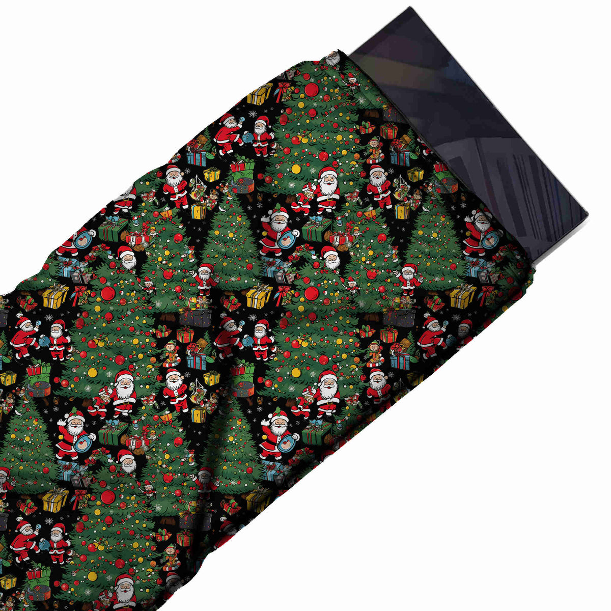 Flat fabric swatch: very dense one-way print of large green Christmas trees strung with, design Design No_4810, Clothwala