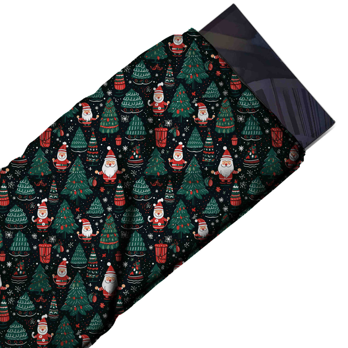 Flat fabric swatch: all-over one-way festive print of hand-drawn green fir trees with, design Design No_4813, Clothwala