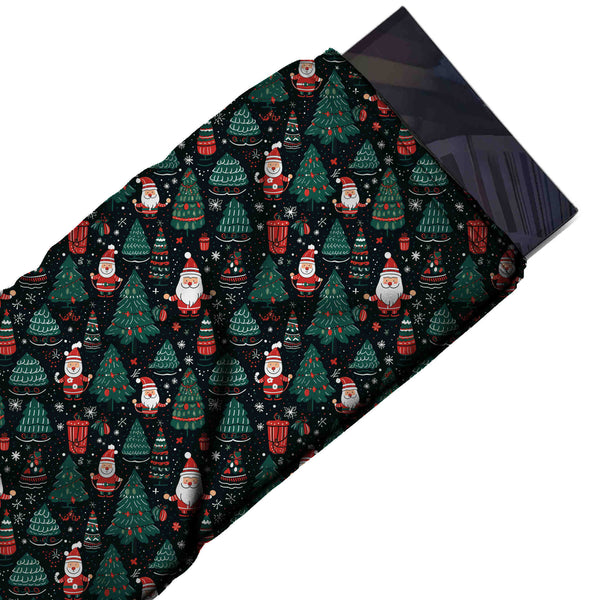 Black & Green Doodle Santa & Firs Printed Printed American Crepe Fabric Fabric