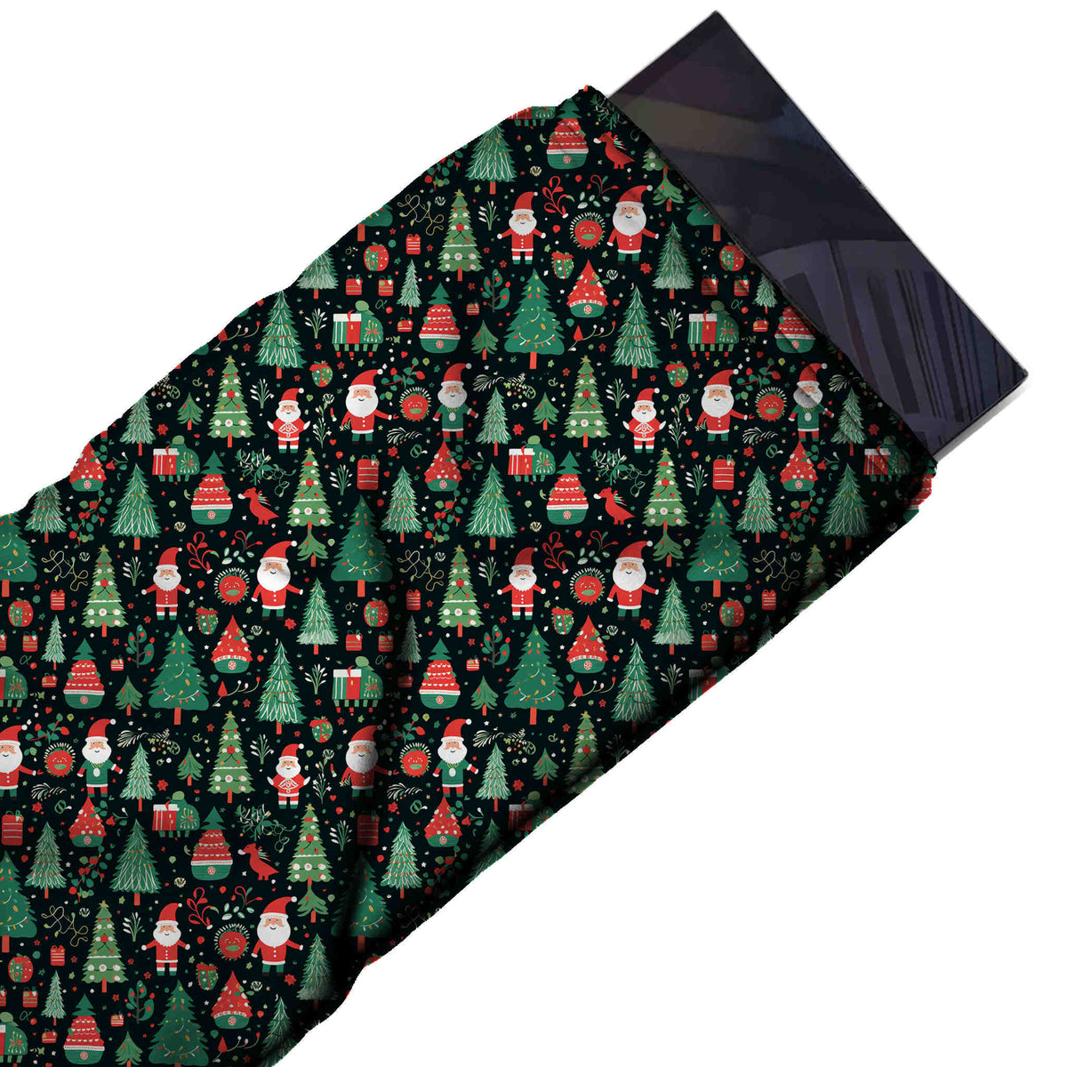 Flat fabric swatch: busy all-over one-way print of small Santas, design Design No_4800, Clothwala