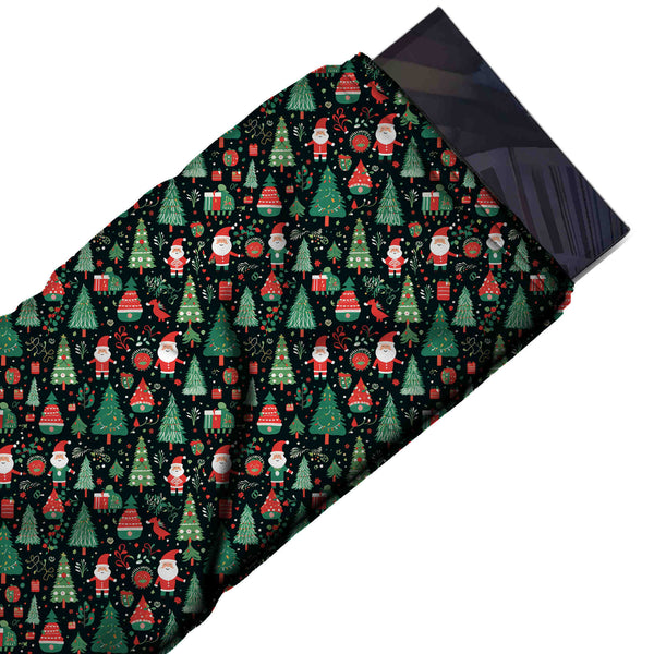 Black Green & Emerald Green Santa & Red Birds Printed Printed American Crepe Fabric Fabric